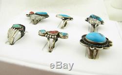 Vintage Lot of 6 Navajo Turquoise & Coral Sterling Silver Rings