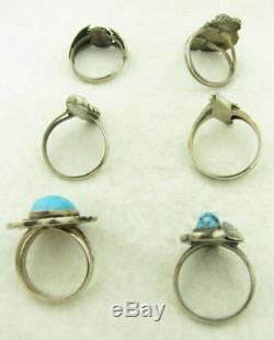 Vintage Lot of 6 Navajo Turquoise & Coral Sterling Silver Rings