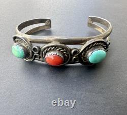 Vintage M Bahe Navajo Turquoise Coral Row Sterling Silver Cuff Bracelet #201