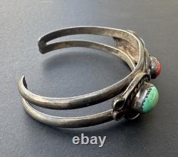 Vintage M Bahe Navajo Turquoise Coral Row Sterling Silver Cuff Bracelet #201