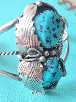 Vintage M Stamped Navajo Turquoise & Silver Leaf Cuff Bracelet