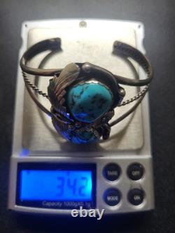 Vintage M Stamped Navajo Turquoise & Silver Leaf Cuff Bracelet