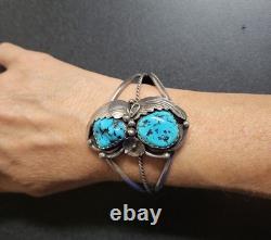 Vintage M Stamped Navajo Turquoise & Silver Leaf Cuff Bracelet