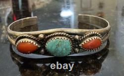 Vintage Manygoats Navajo Sterling Silver Turquoise/Coral CUFF Bracelet size 6.5