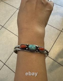 Vintage Manygoats Navajo Sterling Silver Turquoise/Coral CUFF Bracelet size 6.5