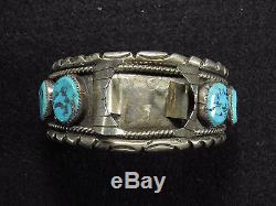 Vintage Men's Navajo Silver+Turquoise Watch Cuff Bracelet 89.5g
