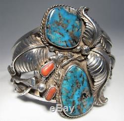 Vintage Mexico Navajo Turquoise Coral Sterling Silver Heavy Cuff Bracelet C1179