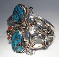 Vintage Mexico Navajo Turquoise Coral Sterling Silver Heavy Cuff Bracelet C1179
