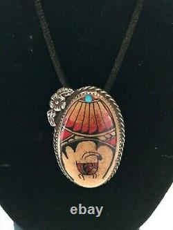 Vintage NATIVE AMERICAN Hand-Painted Antler, Turquoise & Silver Necklace Jewelry