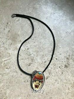 Vintage NATIVE AMERICAN Hand-Painted Antler, Turquoise & Silver Necklace Jewelry