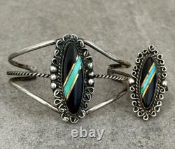 Vintage NATIVE American Zuni Turquoise ONYX Inlay Sterling Bracelet & Ring Set