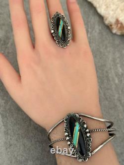 Vintage NATIVE American Zuni Turquoise ONYX Inlay Sterling Bracelet & Ring Set