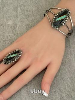 Vintage NATIVE American Zuni Turquoise ONYX Inlay Sterling Bracelet & Ring Set