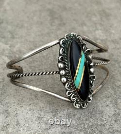 Vintage NATIVE American Zuni Turquoise ONYX Inlay Sterling Bracelet & Ring Set