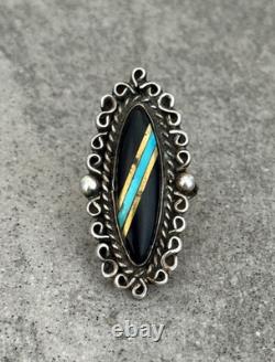 Vintage NATIVE American Zuni Turquoise ONYX Inlay Sterling Bracelet & Ring Set