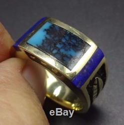 Vintage NAVAJO 14 Karat GOLD Blue Lapis & Webbed TURQUOISE Inlay RING size 10.25