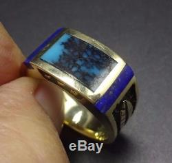 Vintage NAVAJO 14 Karat GOLD Blue Lapis & Webbed TURQUOISE Inlay RING size 10.25