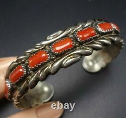 Vintage NAVAJO Chisel Stamped Sterling Silver CORAL Cuff BRACELET Single Row