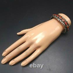 Vintage NAVAJO Chisel Stamped Sterling Silver CORAL Cuff BRACELET Single Row