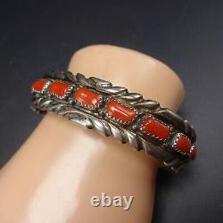 Vintage NAVAJO Chisel Stamped Sterling Silver CORAL Cuff BRACELET Single Row