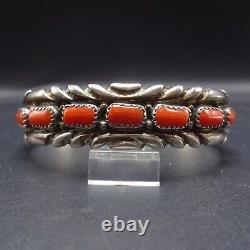 Vintage NAVAJO Chisel Stamped Sterling Silver CORAL Cuff BRACELET Single Row