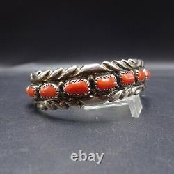 Vintage NAVAJO Chisel Stamped Sterling Silver CORAL Cuff BRACELET Single Row