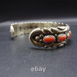 Vintage NAVAJO Chisel Stamped Sterling Silver CORAL Cuff BRACELET Single Row