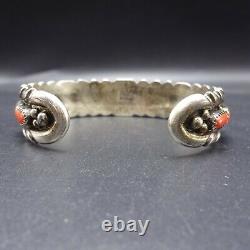 Vintage NAVAJO Chisel Stamped Sterling Silver CORAL Cuff BRACELET Single Row