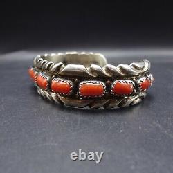 Vintage NAVAJO Chisel Stamped Sterling Silver CORAL Cuff BRACELET Single Row