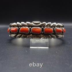 Vintage NAVAJO Chisel Stamped Sterling Silver CORAL Cuff BRACELET Single Row