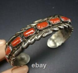 Vintage NAVAJO Chisel Stamped Sterling Silver CORAL Cuff BRACELET Single Row