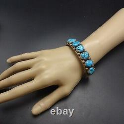 Vintage NAVAJO Hand-Stamped Sterling Silver TURQUOISE Single Row Cuff BRACELET