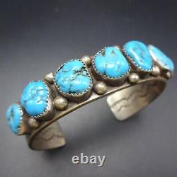 Vintage NAVAJO Hand-Stamped Sterling Silver TURQUOISE Single Row Cuff BRACELET