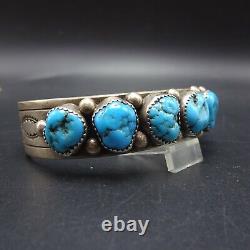 Vintage NAVAJO Hand-Stamped Sterling Silver TURQUOISE Single Row Cuff BRACELET