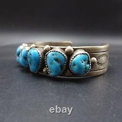 Vintage NAVAJO Hand-Stamped Sterling Silver TURQUOISE Single Row Cuff BRACELET