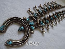 Vintage NAVAJO Hand Stamped Sterling Silver & TURQUOISE Squash Blossom NECKLACE