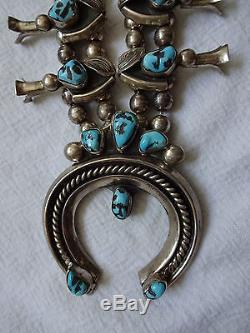 Vintage NAVAJO Hand Stamped Sterling Silver & TURQUOISE Squash Blossom NECKLACE