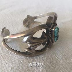 Vintage NAVAJO Sand Cast Sterling Silver & TURQUOISE Cuff BRACELET Small Wrist