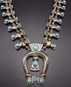 Vintage NAVAJO Sand Cast Sterling Silver & Turquoise SQUASH BLOSSOM Necklace