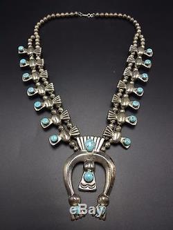 Vintage NAVAJO Sand Cast Sterling Silver & Turquoise SQUASH BLOSSOM Necklace
