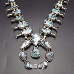 Vintage NAVAJO Sterling Silver & BLUE DIAMOND Turquoise SQUASH BLOSSOM Necklace