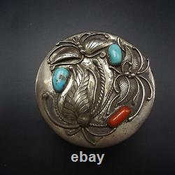 Vintage NAVAJO Sterling Silver CORAL & TURQUOISE Jewelry TRINKET BOX Acrylic