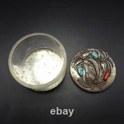 Vintage NAVAJO Sterling Silver CORAL & TURQUOISE Jewelry TRINKET BOX Acrylic