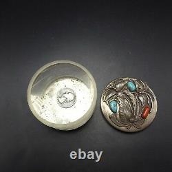 Vintage NAVAJO Sterling Silver CORAL & TURQUOISE Jewelry TRINKET BOX Acrylic