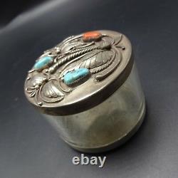 Vintage NAVAJO Sterling Silver CORAL & TURQUOISE Jewelry TRINKET BOX Acrylic