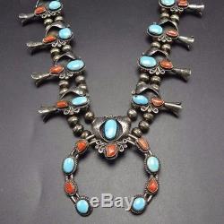 Vintage NAVAJO Sterling Silver CORAL & Turquoise SQUASH BLOSSOM Necklace