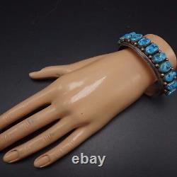 Vintage NAVAJO Sterling Silver & Kingman TURQUOISE Row Cuff BRACELET, 80g