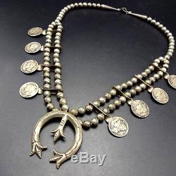Vintage NAVAJO Sterling Silver MERCURY DIMES Coin SQUASH BLOSSOM Necklace