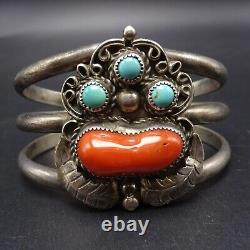 Vintage NAVAJO Sterling Silver OLD Mediterranean CORAL TURQUOISE Cuff BRACELET