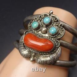 Vintage NAVAJO Sterling Silver OLD Mediterranean CORAL TURQUOISE Cuff BRACELET